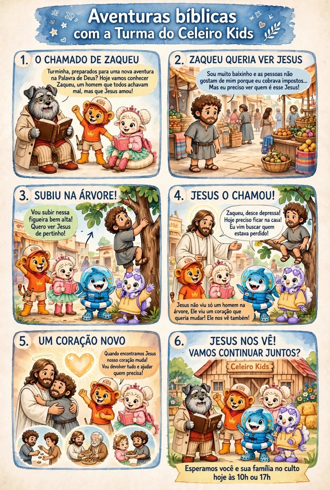 História em quadrinhos da Turma do Celeiro Kids sobre Zaqueu encontrando Jesus, apresentada em seis cenas.